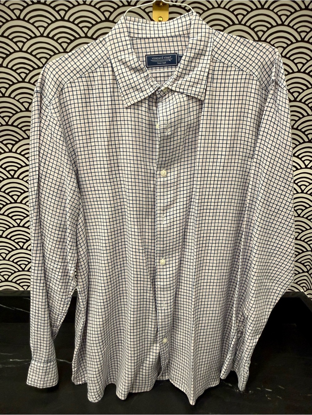 Vineyard Vines White Shirt with Navy Windowpane Check